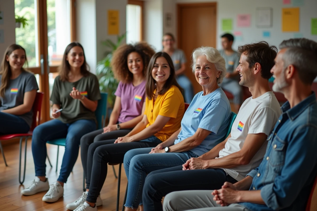Groupe diversifié de personnes souriantes en cercle dans un centre communautaire