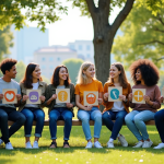 Groupe divers d'adolescents et jeunes adultes en plein air avec icônes SDG