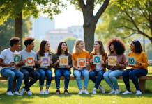Groupe divers d'adolescents et jeunes adultes en plein air avec icônes SDG
