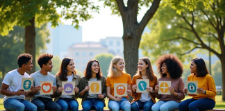 Groupe divers d'adolescents et jeunes adultes en plein air avec icônes SDG