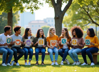 Groupe divers d'adolescents et jeunes adultes en plein air avec icônes SDG