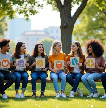 ODM : Découvrez les 8 objectifs mondiaux de développement durable Groupe divers d'adolescents et jeunes adultes en plein air avec icônes SDG