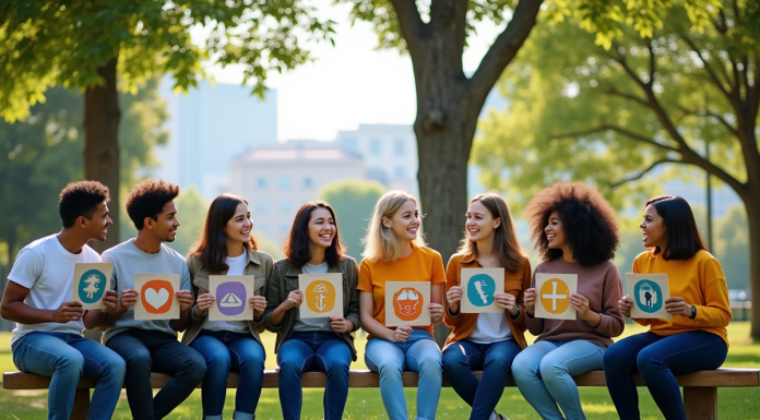 Groupe divers d'adolescents et jeunes adultes en plein air avec icônes SDG