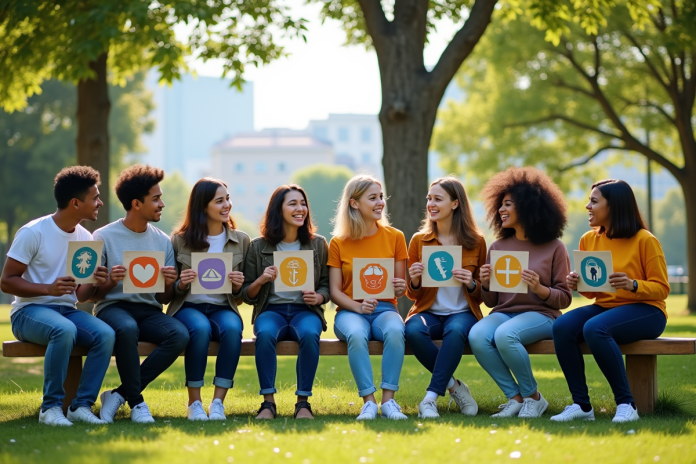 Groupe divers d'adolescents et jeunes adultes en plein air avec icônes SDG