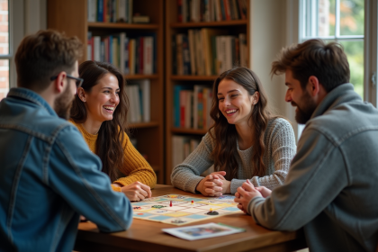Groupe de quatre adultes jouant &agrave; un jeu de soci&eacute;t&eacute; convivial