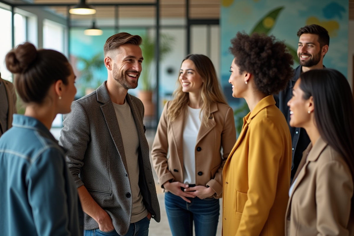 Groupe divers d'adultes en discussion dans un espace moderne
