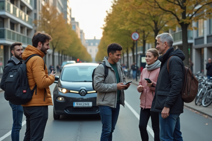 Groupe divers d'adultes utilisant une application pour une voiture électrique