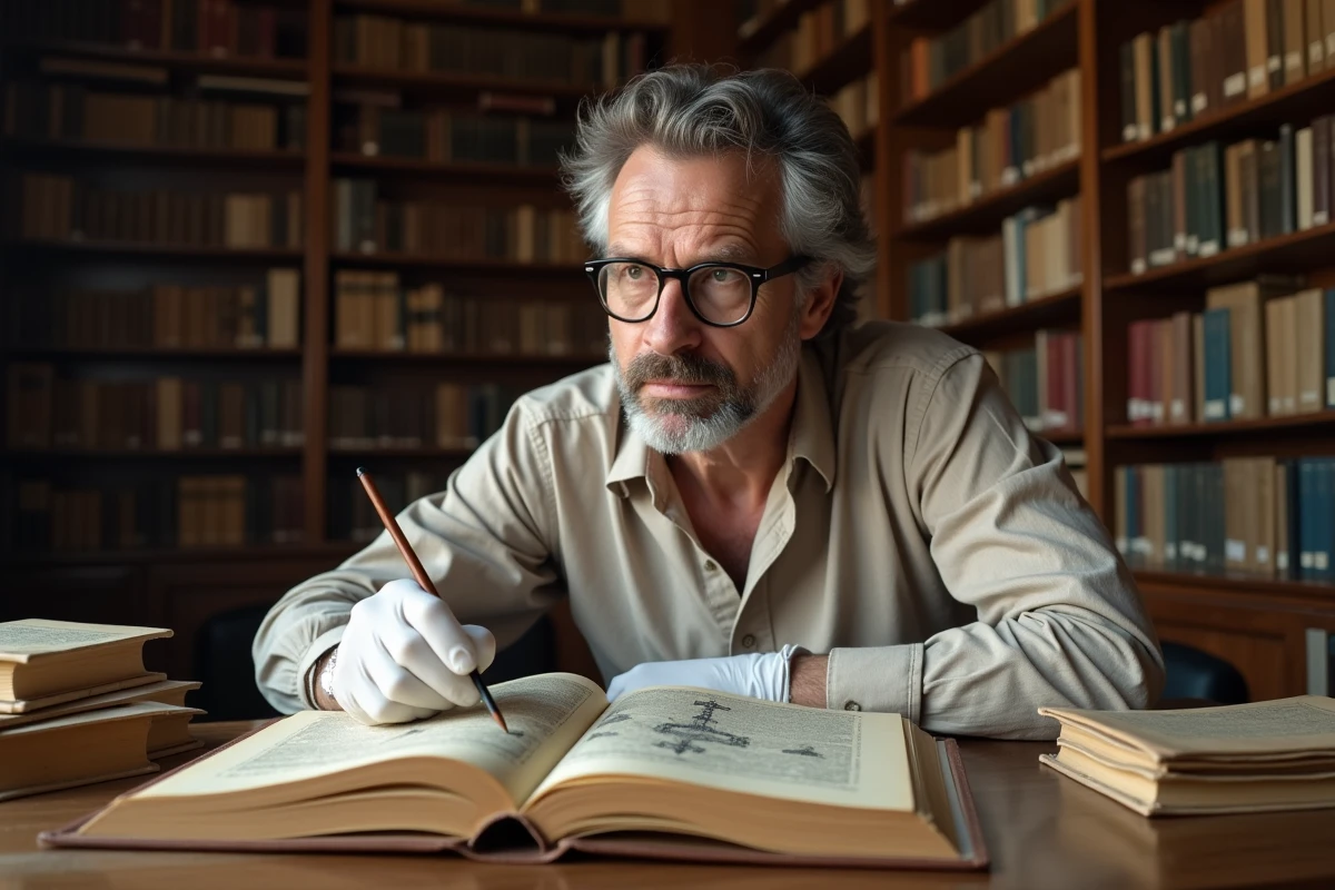 Historien en bibliothèque consultant un livre ancien illustrant la croix des Templiers avec des gants d'archiviste