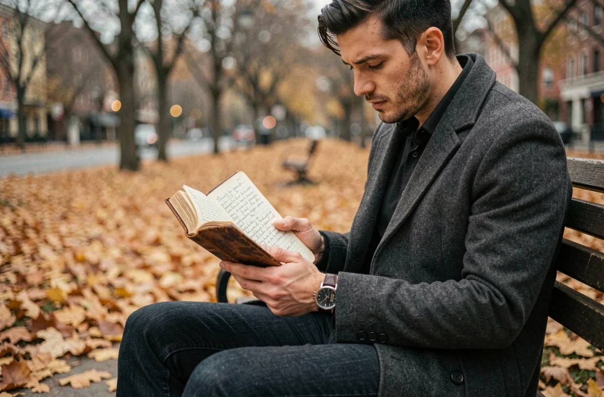 Homme seul sur un banc en automne regardant sa montre affichant 11h11 avec un journal intime, évoquant une rupture sentimentale