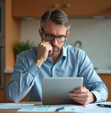 Homme d'affaires examine des documents financiers à la maison