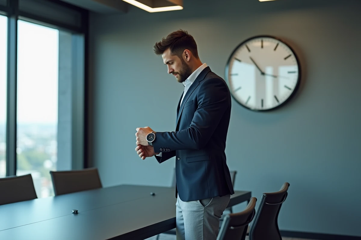 Homme d'affaires en costume vérifiant l'heure sur sa montre dans une salle de réunion moderne pour planifier un appel avec La Réunion