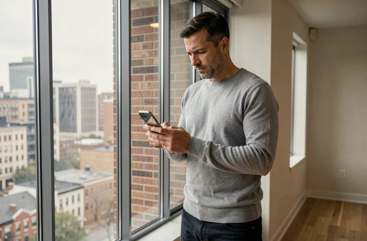Homme vérifiant un appel entrant depuis l'indicatif 346 sur son smartphone pour éviter les arnaques téléphoniques