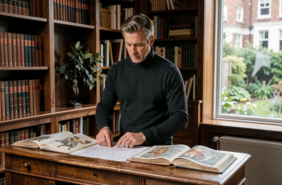 Homme dans une bibliothèque personnelle classique consultant des ouvrages de mythologie grecque sur Apollon pour nourrir sa créativité quotidienne