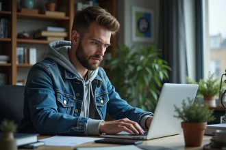 Homme concentré travaillant sur son ordinateur dans un bureau moderne