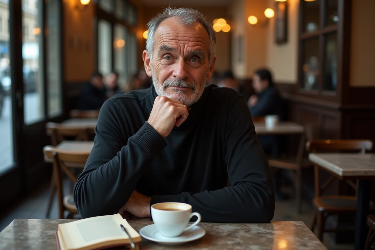 Homme contemplatif dans un café parisien lisant une biographie, évoquant la réflexion autour du mystère de la mort de Mike Brant