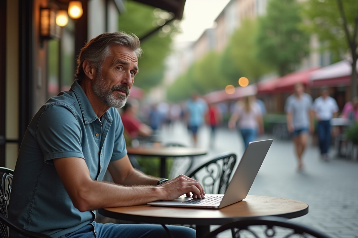 Homme d age au café en ville avec ordinateur portable