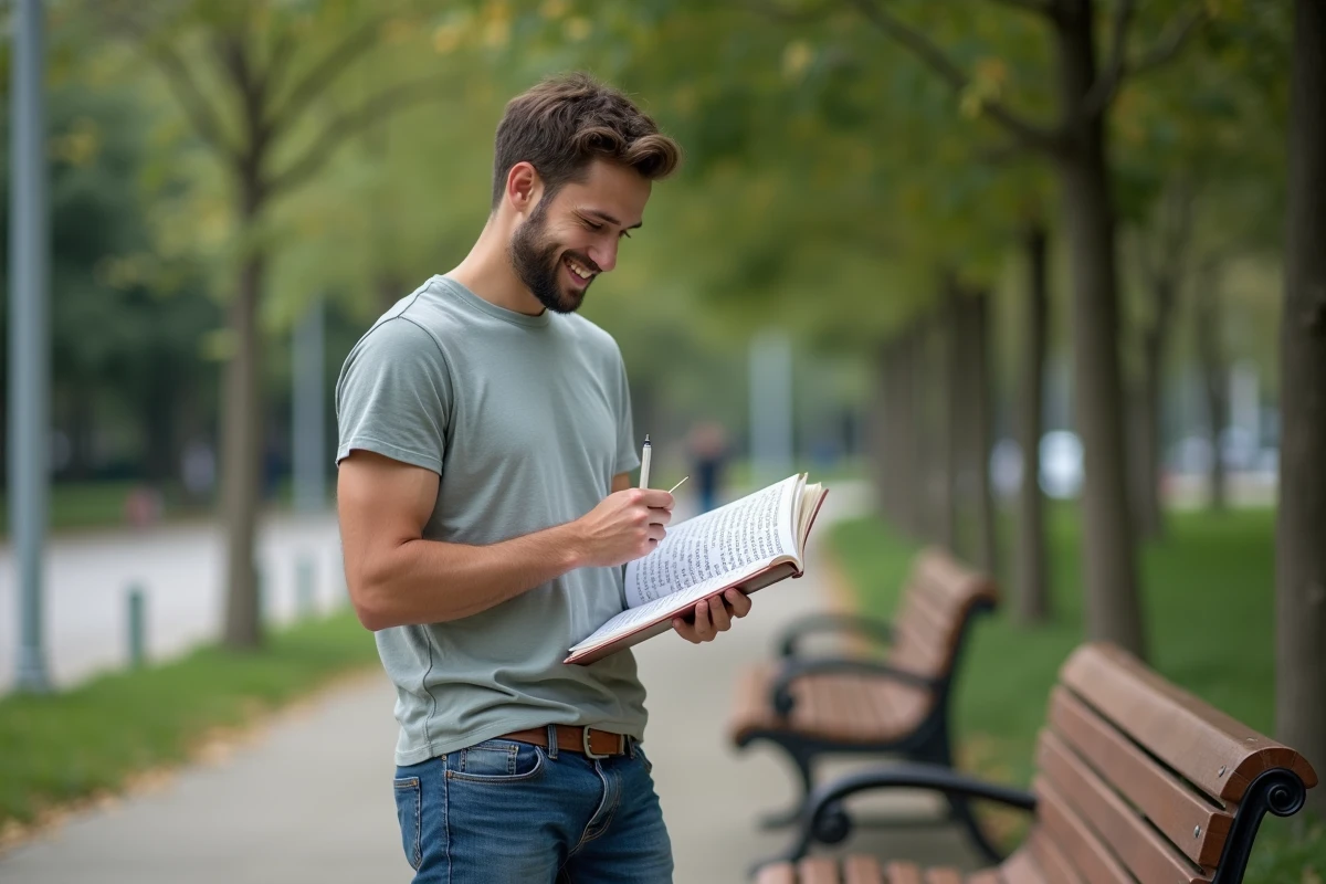 Jeune homme r&eacute;sout un mot crois&eacute; en plein air dans un parc