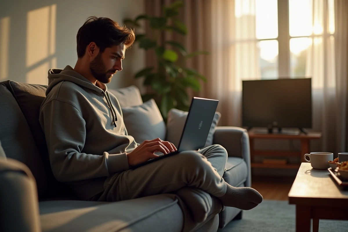 Homme adulte consultant un forum de mods de jeu vidéo sur son laptop dans son salon