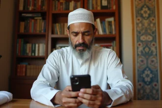 Homme consultant les heures de prières pour Narbonne sur son smartphone depuis son domicile