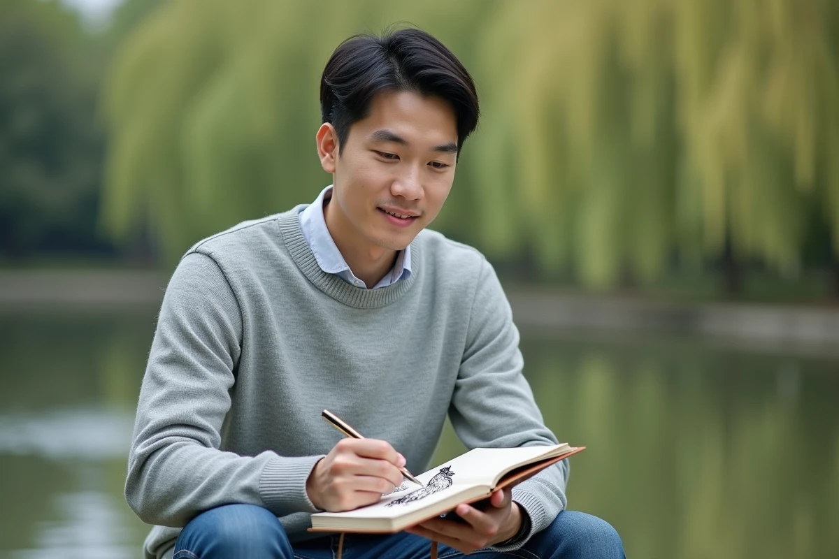 Jeune homme asiatique dessinant un coq dans un parc