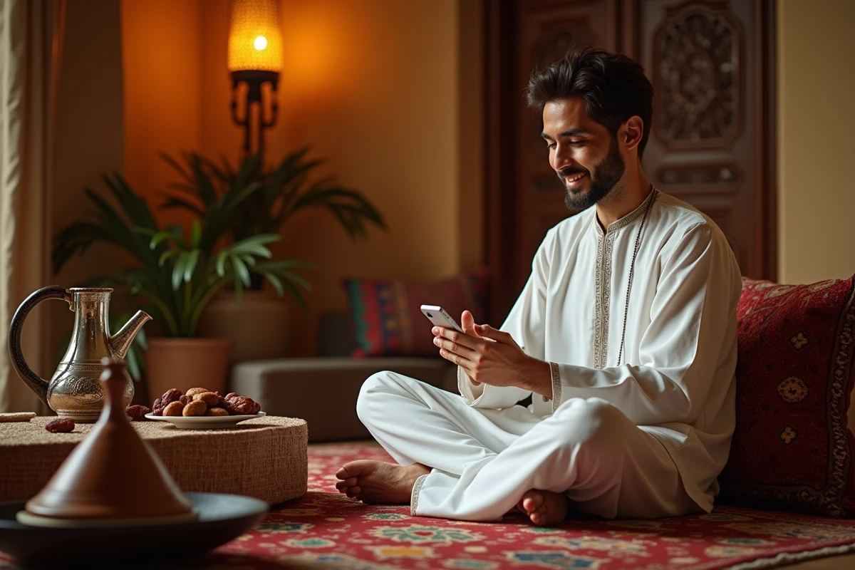 Homme en djellaba échangeant des vœux Saha Ftourek sur son téléphone lors de l'iftar traditionnel