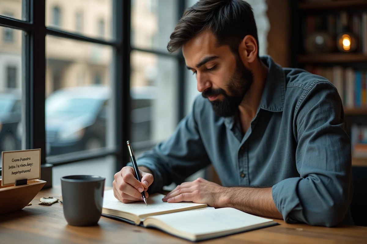 Homme écrivant une affirmation positive ou un mantra dans un journal sur un bureau en bois recyclé près d'une fenêtre urbaine