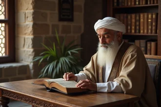 Homme âgé méditant avec le Quran dans un cadre traditionnel