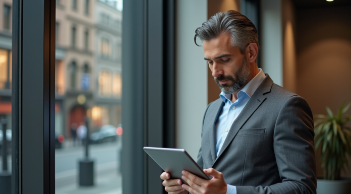 Perspectives sur le marché immobilier en 2025 : Ventes, prix et tendances à suivre ! Homme d'âge moyen en costume gris examine des annonces immobilières