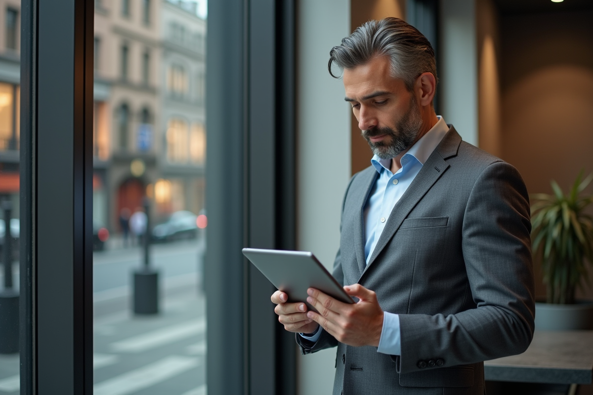 Homme d'âge moyen en costume gris examine des annonces immobilières