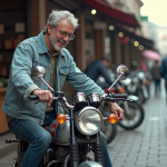 Où dénicher une moto dax d’occasion 125 fiable et abordable Homme souriant inspectant une moto Dax en marché urbain