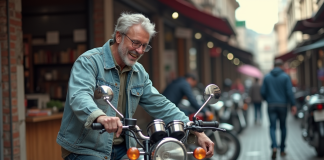 Homme souriant inspectant une moto Dax en marché urbain