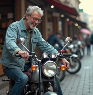 Homme souriant inspectant une moto Dax en marché urbain