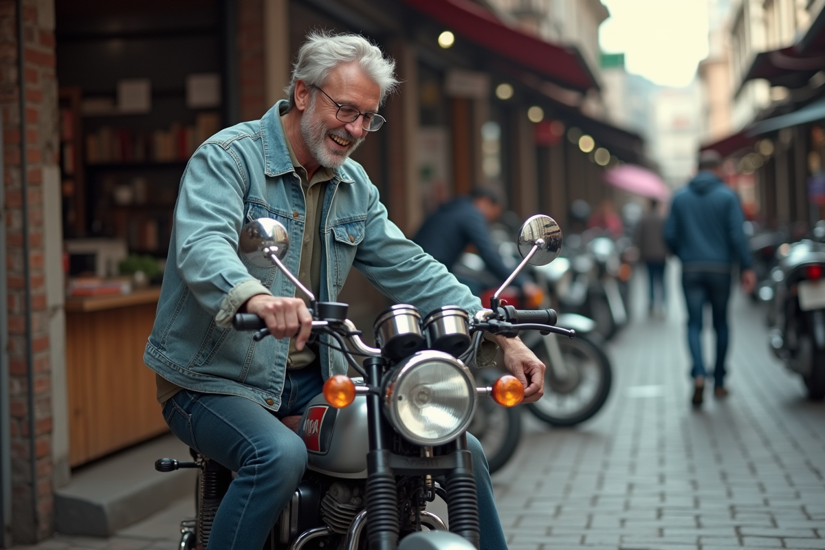 Homme souriant inspectant une moto Dax en marché urbain