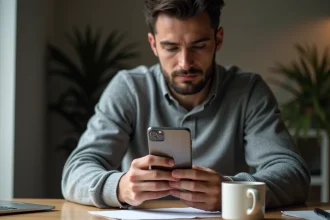 Homme examinant un iPhone 16e reconditionné à son bureau, évaluant l'état de l'appareil remis à neuf