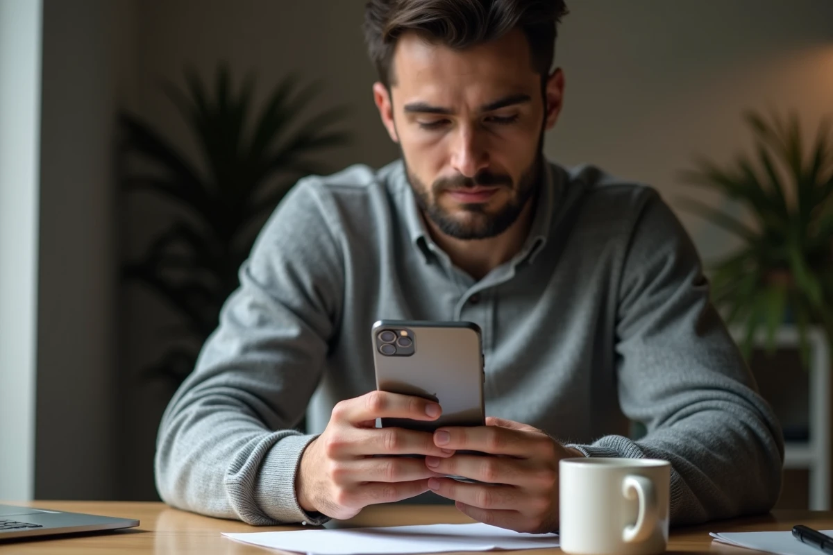 Homme examinant un iPhone 16e reconditionné à son bureau, évaluant l'état de l'appareil remis à neuf