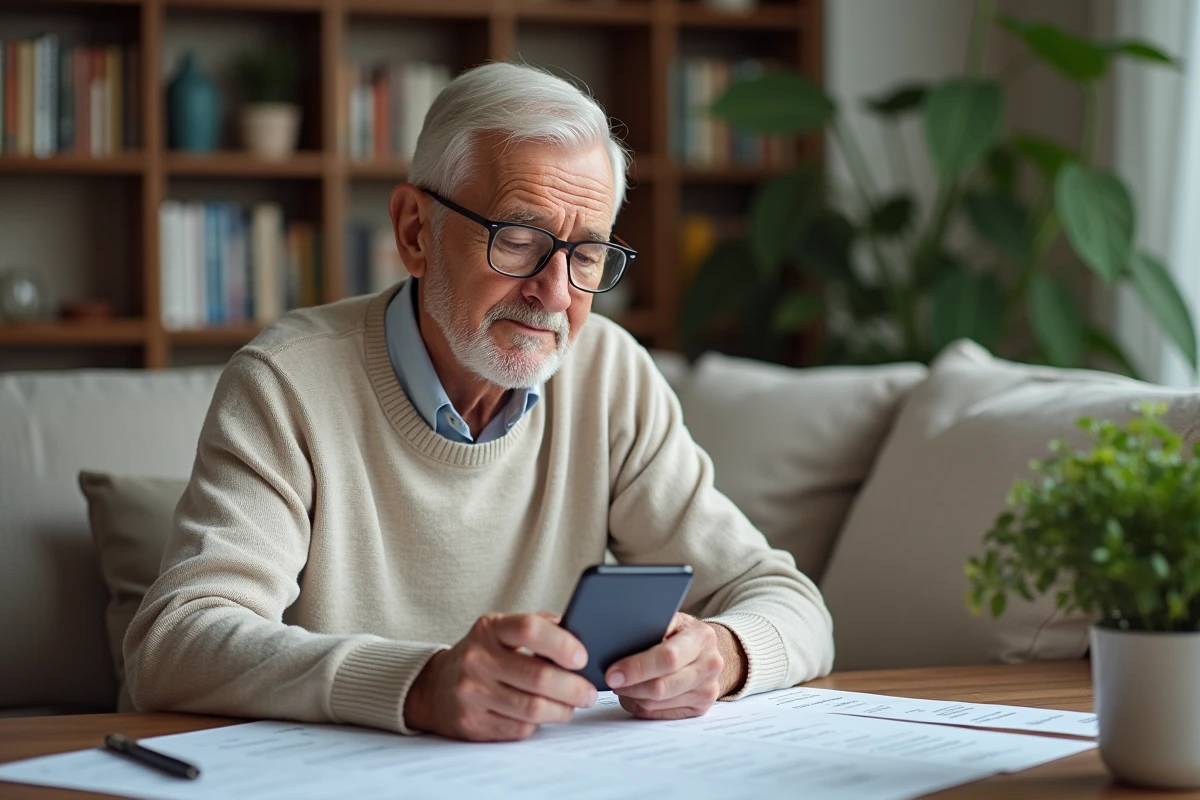 Homme &acirc;g&eacute; v&eacute;rifiant une liste de num&eacute;ros de t&eacute;l&eacute;phone