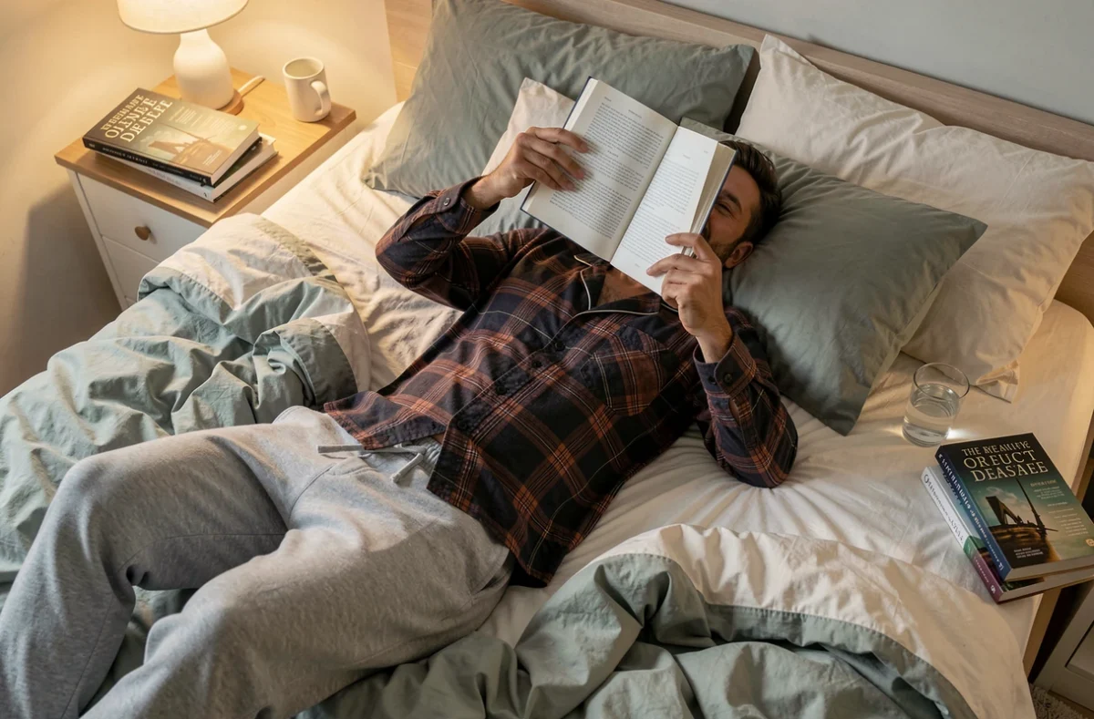 Homme allongé sur son lit en pyjama lisant un roman policier cozy le soir, entouré de livres de poche