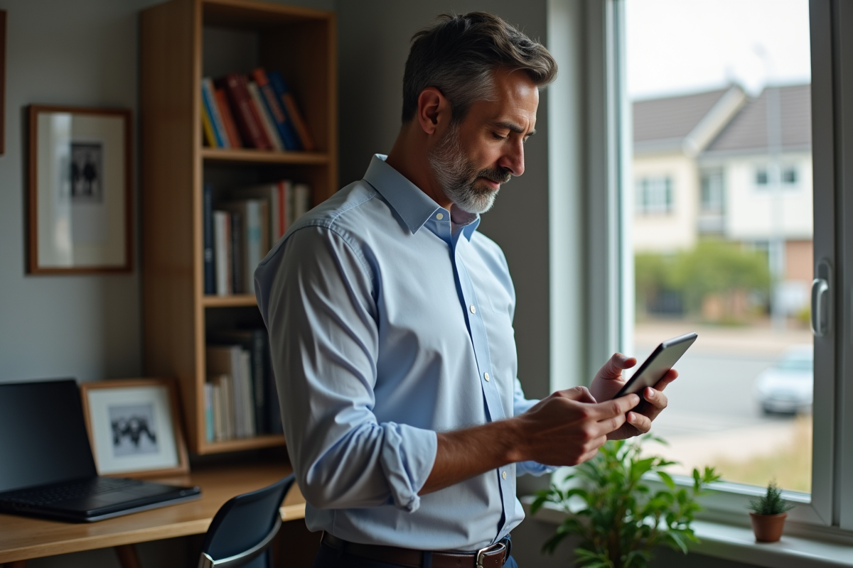 Homme d age moyen analysant un calcul de mortgage avec une tablette