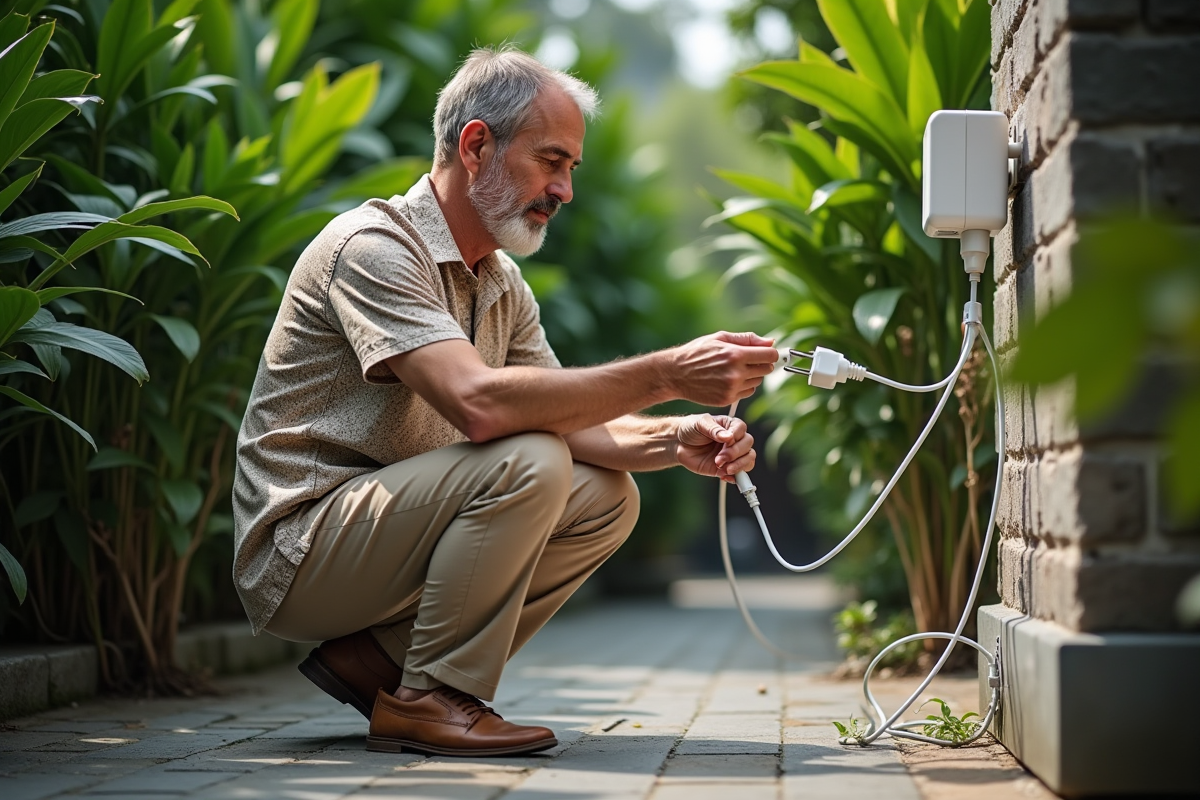 Homme vérifiant une prise électrique extérieure à Bali