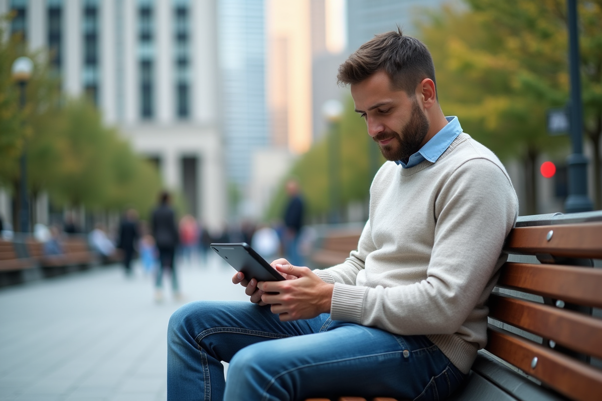 Homme détendu sur un banc de parc en train de lire