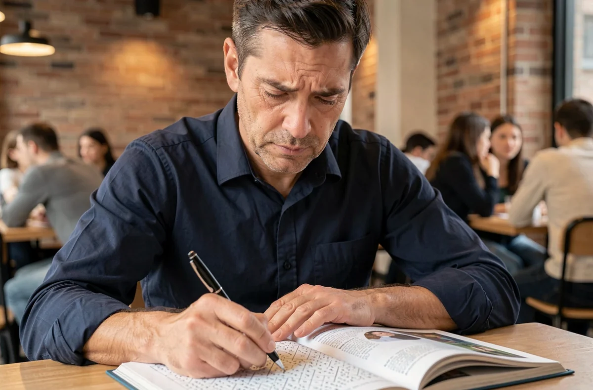 Homme cherchant un mot de 9 lettres dans un magazine de mots fléchés dans un café