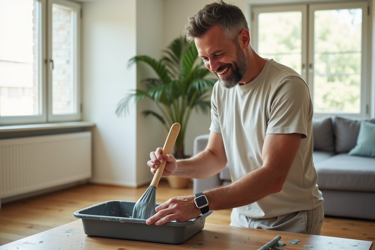Homme mélangeant peinture non toxique dans un salon rénové