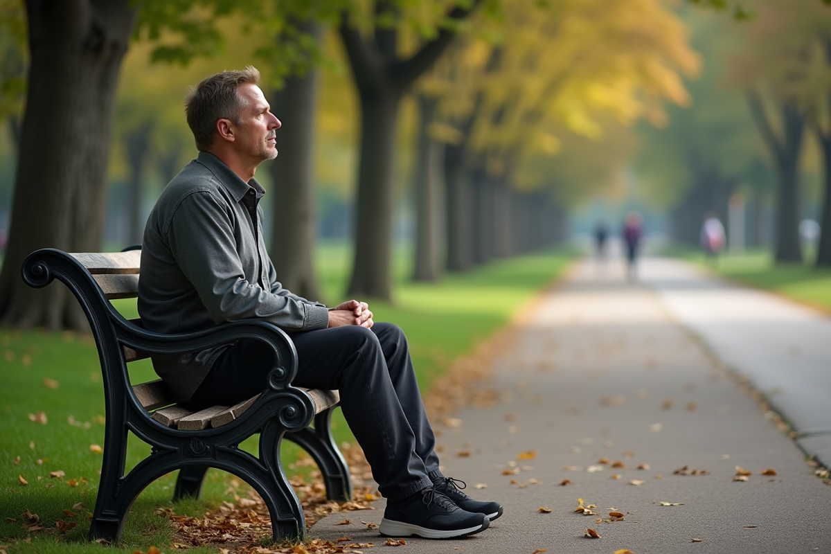 Homme assis sur un banc de parc en milieu naturel