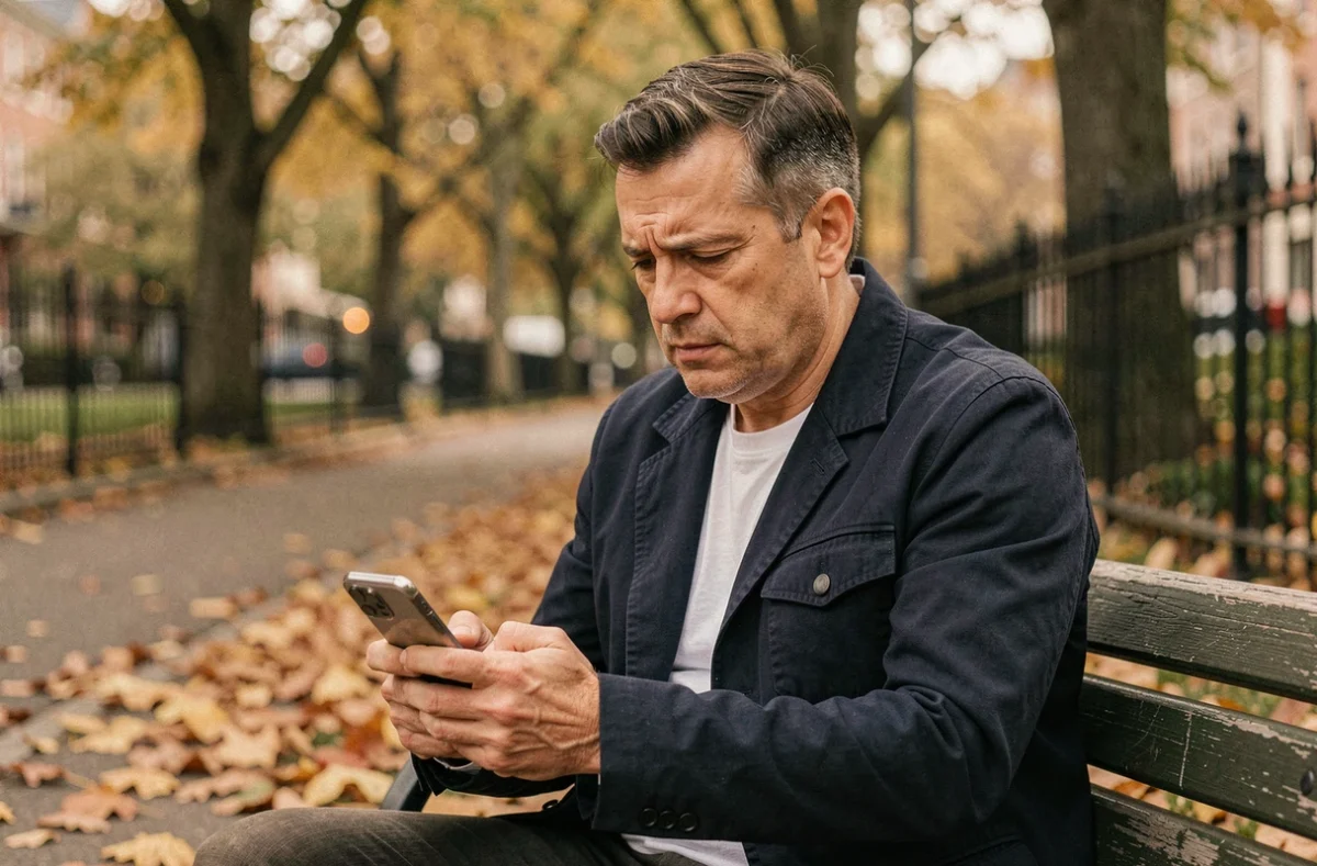 Homme d'âge mûr pensif sur un banc de parc regardant son téléphone, illustrant les risques psychologiques de renouer avec un amour du passé