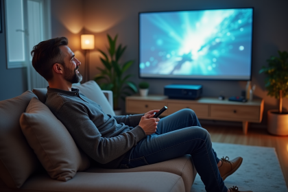 Homme souriant regardant une projection cinéma dans son salon