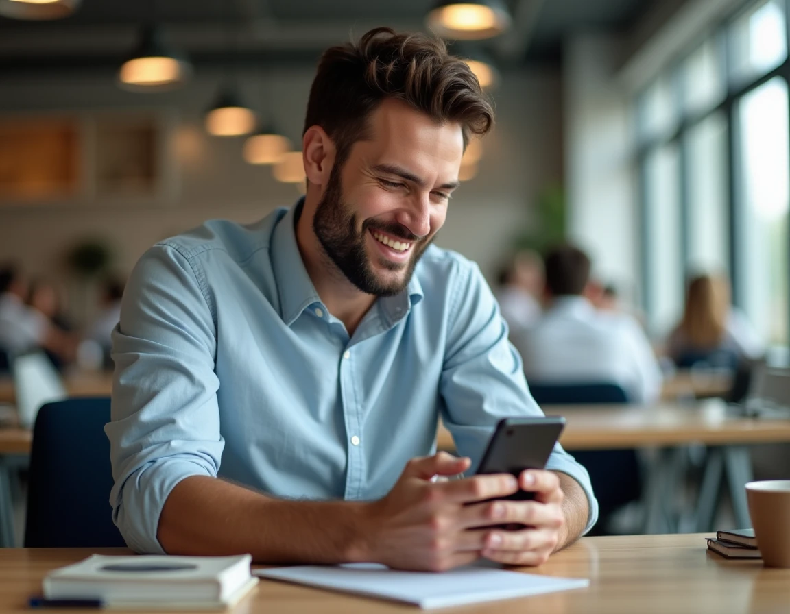 Homme souriant qui lit un message de sa copine au bureau pendant sa journée de travail