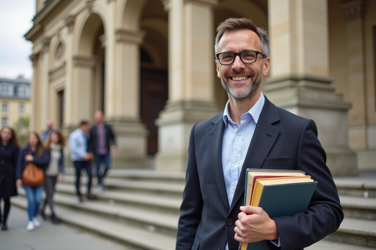 Homme souriant devant un batiment universitaire parisien
