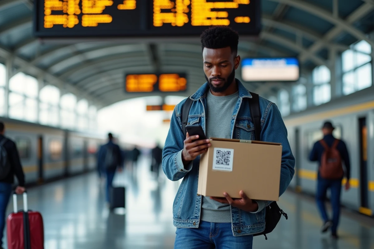 Jeune homme noir scannant un QR code sur un colis à la gare