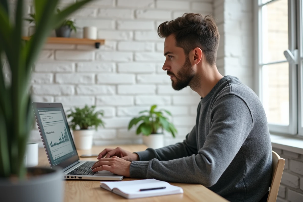 Homme consultant un blog de veille concurrentielle sur laptop dans un bureau à domicile épuré