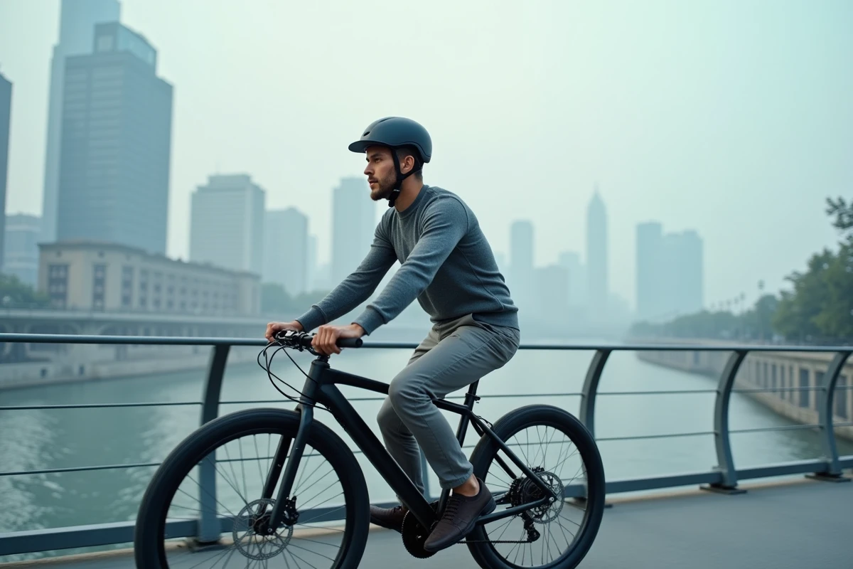 Homme adulte pédalant sur un vélo électrique urbain traversant un pont moderne au-dessus d'une rivière